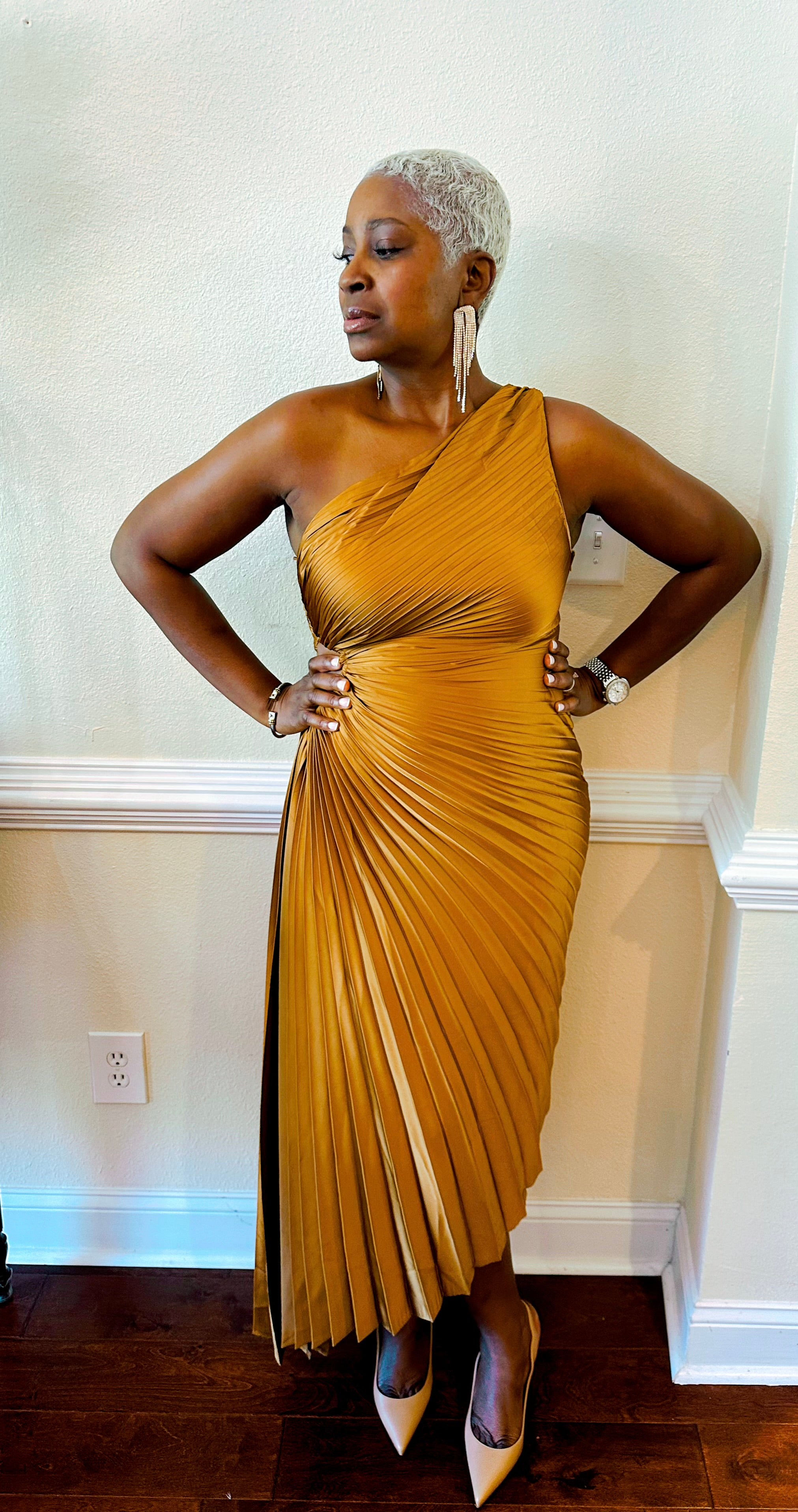 Olympia Asymmetrical Pleated Maxi Dress
